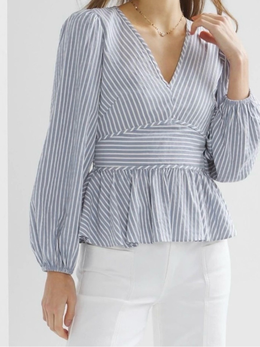 WHBM Coastal Chic Blue White Stripe Peplum Tie Back Puff Sleeve Blouse L
